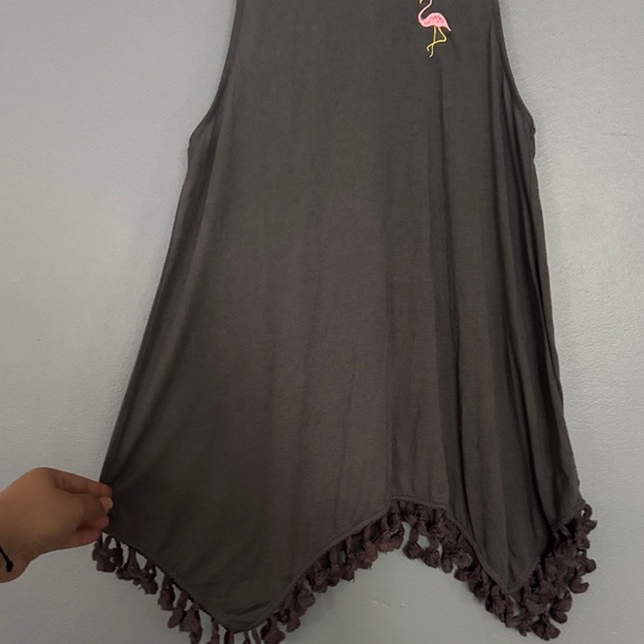 Fifth Sun Dark Gray Tank Top with Fringe and Flamingo - Picture 2 of 5